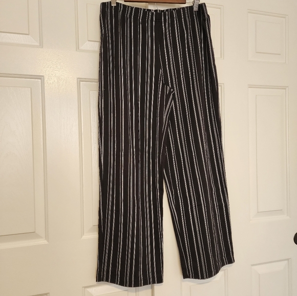 Black Striped Wide Leg Elastic Waistband  100% Cotton Women's Pants Size L NWT - Picture 2 of 7